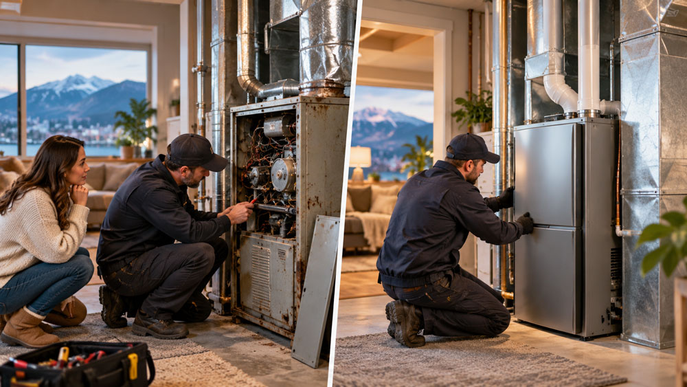 A Vancouver homeowner watches an HVAC technician inspect and repair an older furnace beside a contrasting scene of a technician installing a modern