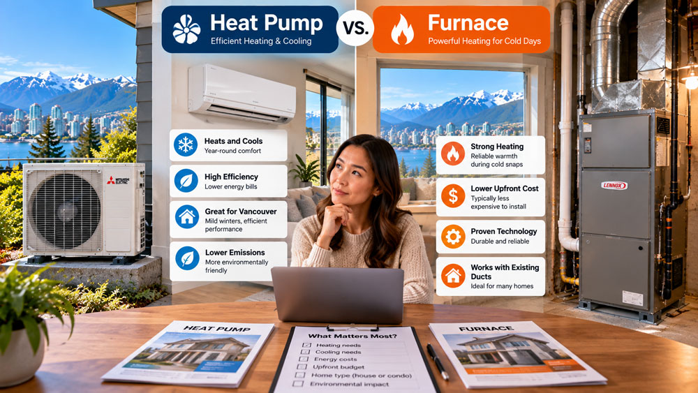 A Vancouver homeowner compares a heat pump and a furnace with guidance from an HVAC technician, showing both systems side by side and highlighting the practical
