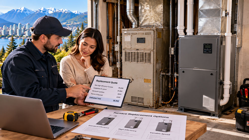 An HVAC technician reviews furnace replacement pricing and equipment options with a Vancouver homeowner beside an older furnace and a modern high-efficiency