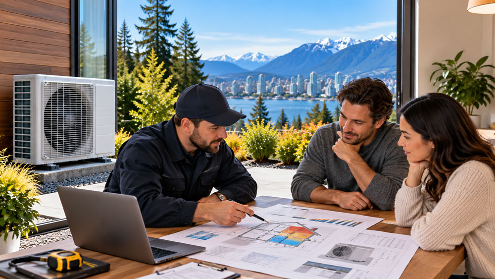 An HVAC technician reviews heat-pump sizing plans with a Vancouver homeowner inside a modern home, while a properly installed outdoor heat pump and the city’s
