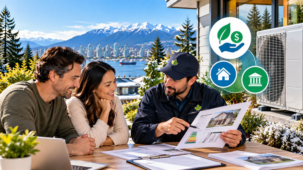 A Vancouver homeowner couple reviews heat-pump rebate and energy-efficiency information with an HVAC advisor beside a modern outdoor heat pump, with the city