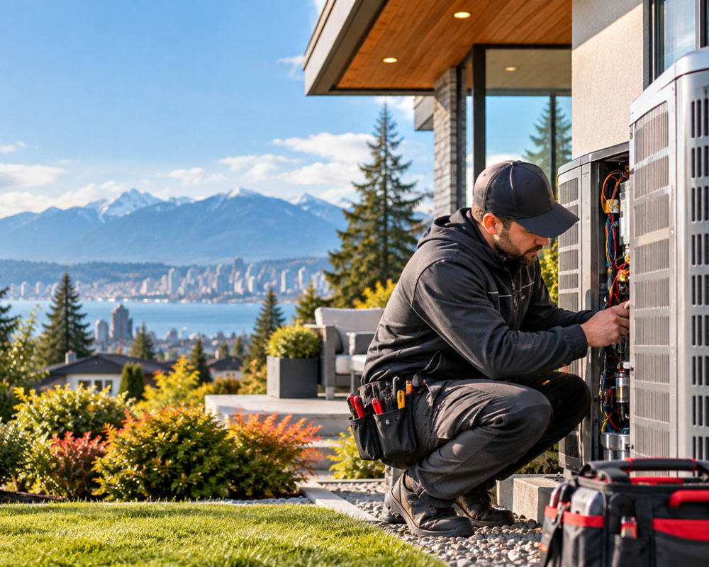 A realistic residential HVAC service scene featuring a professional Coreline Comfort Solutions technician working on an outdoor HVAC unit beside a modern home