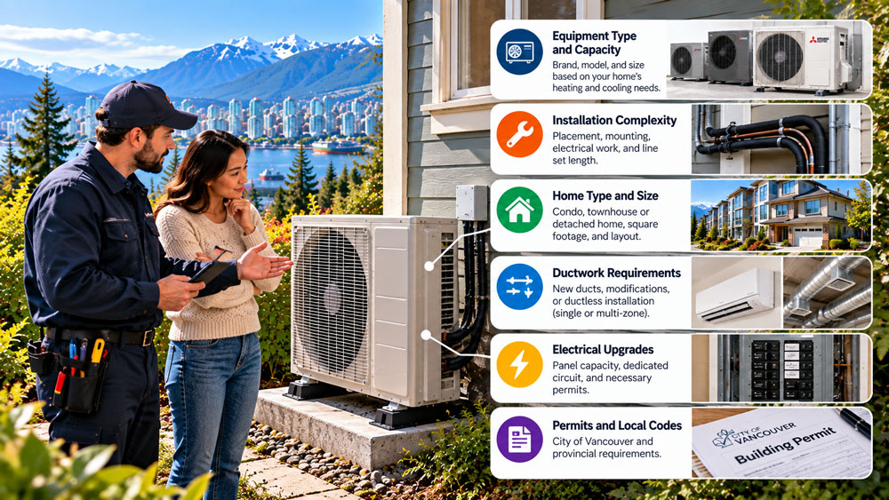 An HVAC technician explains heat-pump installation costs to a Vancouver homeowner beside an outdoor heat-pump system, with visual references to equipment type
