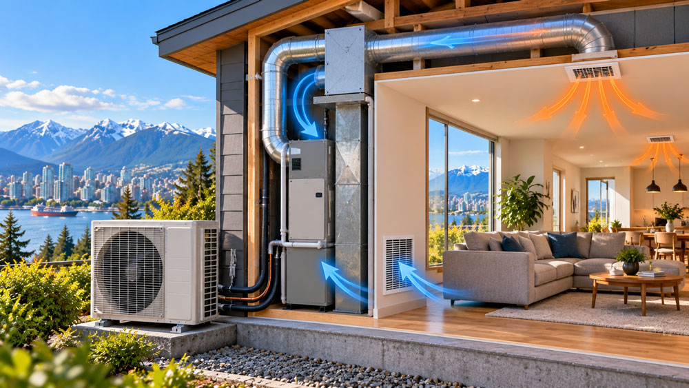 A cutaway view of a modern Vancouver home showing the main components of an HVAC system, including an outdoor heat pump, indoor air-handling equipment,